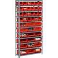 Global Equipment Steel Open Shelving with 42 Red Plastic Stacking Bins 11 Shelves - 36x12x73 603251RD